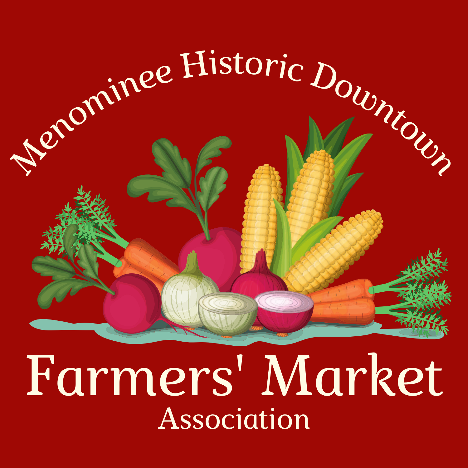Menominee Historic Downtown Association Farmers' Market - Menominee Michigan - Logo - a variety of vegetables including radish, carrots, onions, and corn. Menominee Historical Downtown Farmers Market Association is written below in off yellow letters.